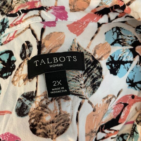 Talbots Blouse Sz 2X Bird Print Long Sleeves Roll Tab Teacher Art To Wear Casual - Picture 8 of 9